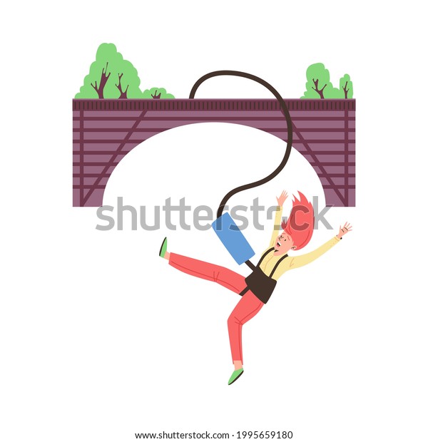 Woman jumping with bungee from\
bridge. Emblem design for bungee jumping entertainment and extreme\
sport, flat vector illustration isolated on white\
background.