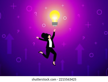 ฺBusiness Woman Jumping To Catch A Bright Light Bulb Like Having New Business Initiative Ideas To Be Marketable And Including Solving Business Problems