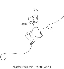 Woman Jumping Continuous One Line Drawing. Female Jump One Line Continuous Art. Happy Woman Linear Vector Illustration. Female Silhouette Outline Drawing. Not AI