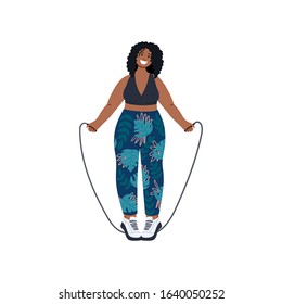 Woman is jumping and doing exercises with a jumping-rope. Cartoon hand drawn flat body positive concept illustration. Isolated on white background. 