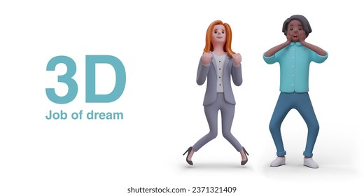 Mujer saltando y disfrutando del éxito en el trabajo. 3d modelo realista de empleado masculino feliz de ser contratado. Trabajo de concepto de sueño. Ilustración vectorial en estilo de caricatura