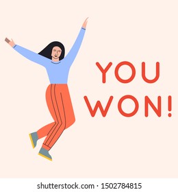 Woman Jumping In Excitement With Words You Won Near Her. Congratulations Banner. Flat Vector Illustration