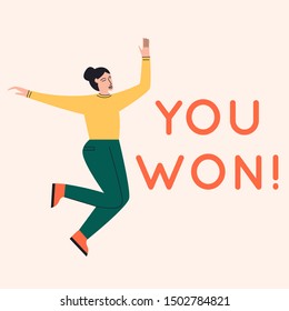 Woman Jumping In Excitement With Words You Won Near Her. Congratulations Banner. Flat Vector Illustration