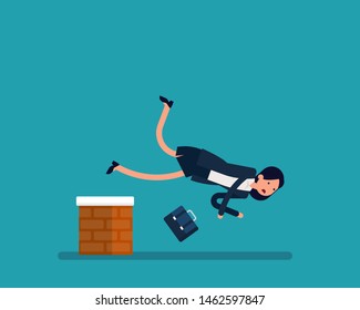 Woman jumping  fail over brick barrier. Vector illustration success vector illustration, Flat cartoon isolated.