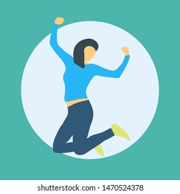 Woman jumping with happiness, winner gesture, cartoon character, flat illustration, isolated vector. The joy of achieving the goal, happiness, love, luck, positive emotions.