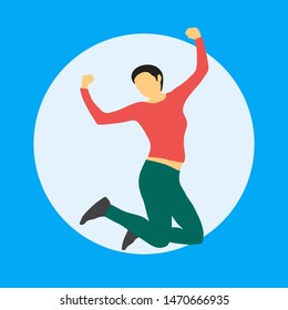 Woman jumping with happiness, winner gesture, cartoon character, flat style illustration, vector isolated. The joy of achieving the goal, happiness, love, luck, positive emotions.