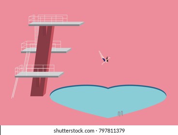 A woman jumping from a high trampoline to a heart-shaped pool