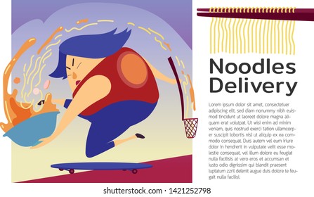 Woman jumping and hold noodles bowl in kungfu style ,with sample text placement.