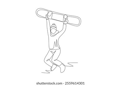 Woman jumping holding snowboard. Winter sport concept one-line drawing