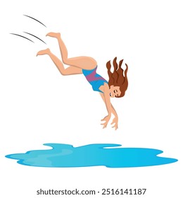 Mujer saltando a la piscina al aire libre. Chica buceando en el agua para nadar en el día de vacaciones. Ilustración vectorial de la escena del resort de playa de verano. persona feliz y activa que se divierte en vacaciones.