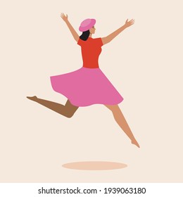 Woman jumping isolated. Flat vector stock illustration. Young beautiful slender woman. Retro style. Vintage clothing. Cute skirt and hat. Isolated illustration