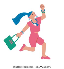 A woman jumping with joy - colorful and flat hand-drawn illustration