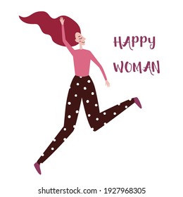 The woman is jumping for joy. Positive emotions.