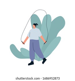 Woman jumping with jump rope outside. Young woman in sportswear doing exercises. Girl performing sport activity. Fitness concept. Flat vector illustration