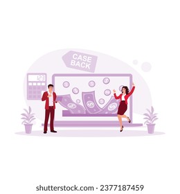 The woman is jumping, and the man is holding a laptop. Got a refund from the laptop screen. Cashback concept. trend modern vector flat illustration