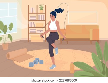 Woman jumping on rope flat color vector illustration. Active sports training at home. Healthy lifestyle and wellbeing. Fully editable 2D simple cartoon character with living room on background