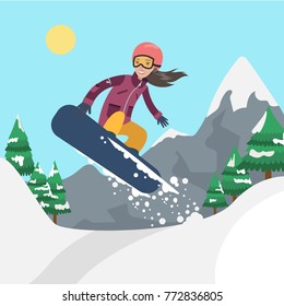 Woman jumping on snowboard on the hill with trees..