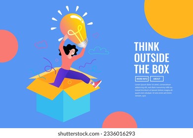 Woman jumping out of the box. Girl jumping from carton towards new idea in form of glowing light bulb. Freedom, break free from prison of thinking. psychology or mental therapy. illustration