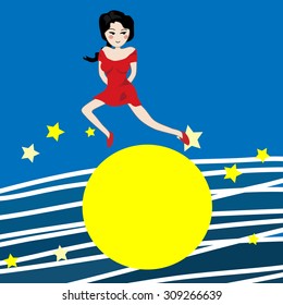 Woman jumping over the moon 