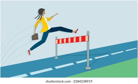 Woman jumping over obstacle on the way forward. Dimension 16:9. Vector illustration.