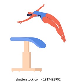 Woman jumping over vaulting table or horse apparatus during vault gymnastics performance. Sport character in free salto flight isolated on white background 