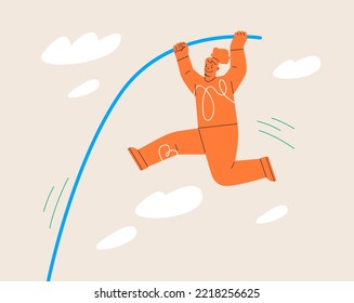 Woman Is Jumping With Pole Vault To The Target. Colorful Vector Illustration
