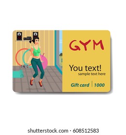 Woman jumping rope in a gym. Sale discount gift card. Branding design to the gym and sports club