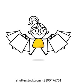 Woman jumping with shopping bags. Cartoon character shopping concept. Isolated vector stock illustration.