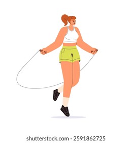 Woman jumping with skipping rope. Active female in sportswear doing cardio exercise, workout, body endurance training. Healthy girl activity. Flat vector illustration isolated on white background