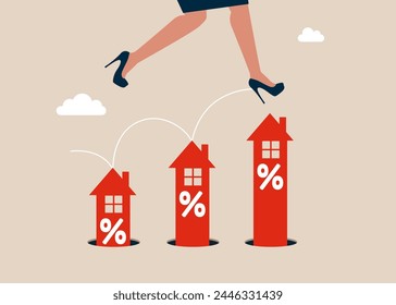 Woman jumping from small to the big interest rate. Real estate, investment, construction,  mortgage. Modern vector illustration in flat style. 