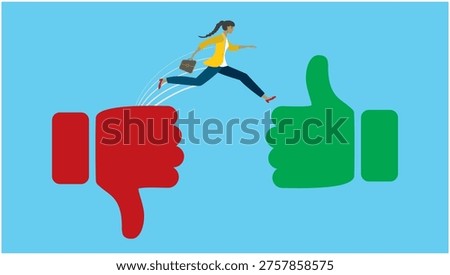 Woman jumping from thumbs down to thumbs up. Dimension 169. Vector illustration.