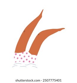Woman jumping in water and diving, cartoon flat vector illustration isolated on white background. Female legs sticking out of water. Concepts of summer vacation, sea and swimming pool.