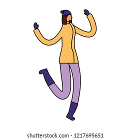 woman jumping with winter clothes