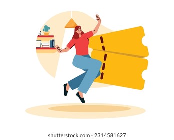 a woman jumps with happiness to get a shopping coupon in an online shop, can buy anything with the coupon
Vector illustration
 Flat design