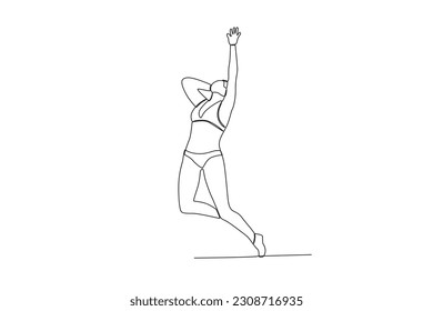 A woman jumps high playing volleyball. Beach volleyball one-line drawing