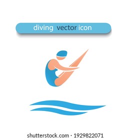 Woman jumps into the water. The athlete is grouped in the air. She rotates around herself. Vector flat design illustration. Symbol of water sports competition