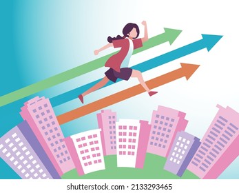 Woman jumps over the city