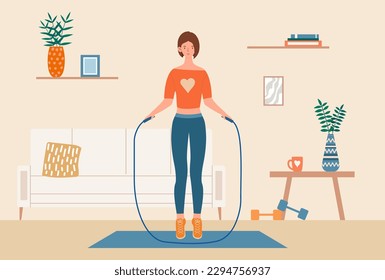 La mujer salta saltando la cuerda. Una chica joven va a los deportes en el apartamento, hace ejercicio cardiovascular. Estilo de vida activo y pérdida de peso. Formación de actividades en el interior y en el gimnasio. Dibujo vectorial plano de dibujos animados