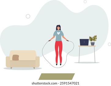 Woman jumps skipping rope. Young girl goes in for sports in apartment, does cardio workout. Active lifestyle and weight loss.flat character life .