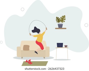 Woman jumps skipping rope. Young girl goes in for sports in apartment, does cardio workout. Active lifestyle and weight loss. character life .