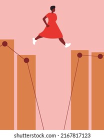 Woman Jumps Through Pit On Stock Market And Exchange. Flat Vector Stock Illustration. Graph Or Economic Chart. Concept Of Financial Uncertainty