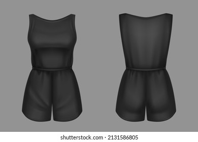 Woman jumpsuit 3d vector overalls blank mockup. Black female apparel with shorts and sleeveless tank top realistic template. Girls clothes, summer garment or nightwear, isolated outfit design mock up