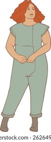 woman in jumpsuit with red curly hair full body portrait casual style trendy look