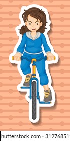 Woman in jumpsuit riding bicycle illustration