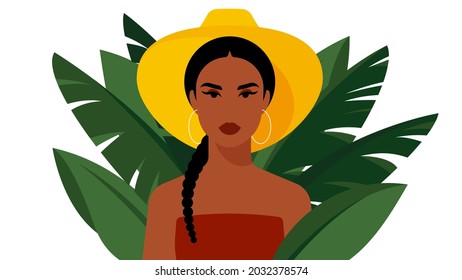 Woman in the jungle among exotic green plants. Young, beautiful woman, tanned skin, straw hat. Lush thickets, banana palm leaves. Beauty in tropical paradise. Modern vector illustration.