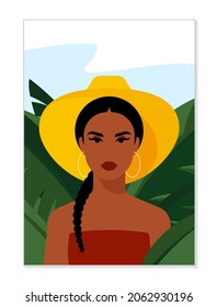 Woman In The Jungle Among Exotic Green Plants. Lush Thickets, Banana Palm Leaves. Rural Scene. Beauty In Tropical Paradise. Modern Vector Poster, Illustration.