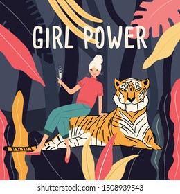 A woman in a jungle sitting on a tiger drinking champagne. Girl power feminism concept. Flat vector illustration