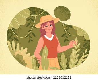 Woman in jungle. Young girl in Tshirt and hat among bushes and plants. Active lifestyle and recreation, travel and adventure. Character explores African savannah. Cartoon flat vector illustration