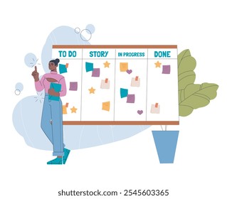 Woman with kanban. Young girl near board with list of tasks. Time management and organization of efficient work process. Planning and goal setting, scheduling. Flat vector illustration