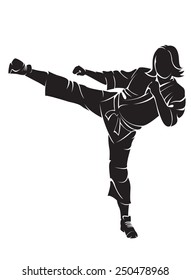 Woman karate fighter. Vector silhouette, isolated on white